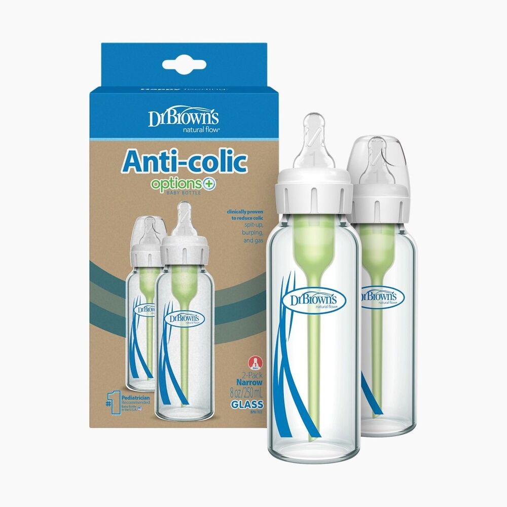 Dr. Brown's Anti-Colic Options+ Glass Baby Bottles Narrow 8oz 2 Pack New
